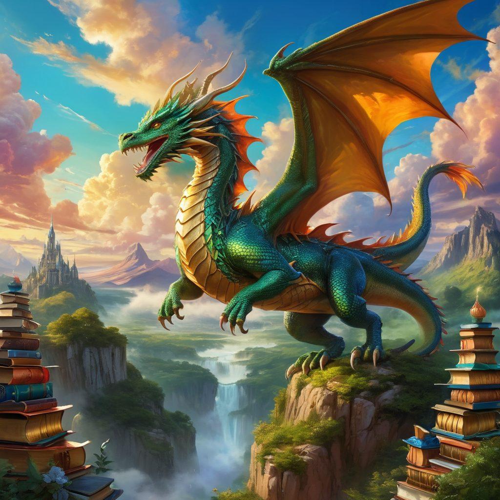 A majestic dragon soaring through a vibrant sky, its scales glimmering in shades of emerald and gold, symbolizing power and creativity. Below, a diverse group of bloggers of different backgrounds, passionately typing on their laptops, surrounded by books and inspiration. The scene is set in a fantastical landscape filled with lush greenery and mystical clouds. The overall mood is one of empowerment and freedom, inviting readers to embrace their potential. vibrant colors. fantasy art.