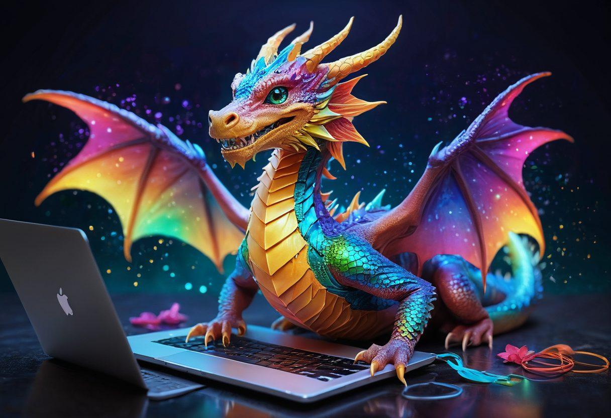 A whimsical dragon adorned in vibrant scales, perched atop a laptop, with a colorful blog design scattered around it. The dragon symbolizes creativity and individuality, with sparkling eyes and a gentle smile, blending technology with fantasy. Incorporate elements like writing tools, social media icons, and a glowing aura that represents an online community. super-realistic. vibrant colors. fantasy art.