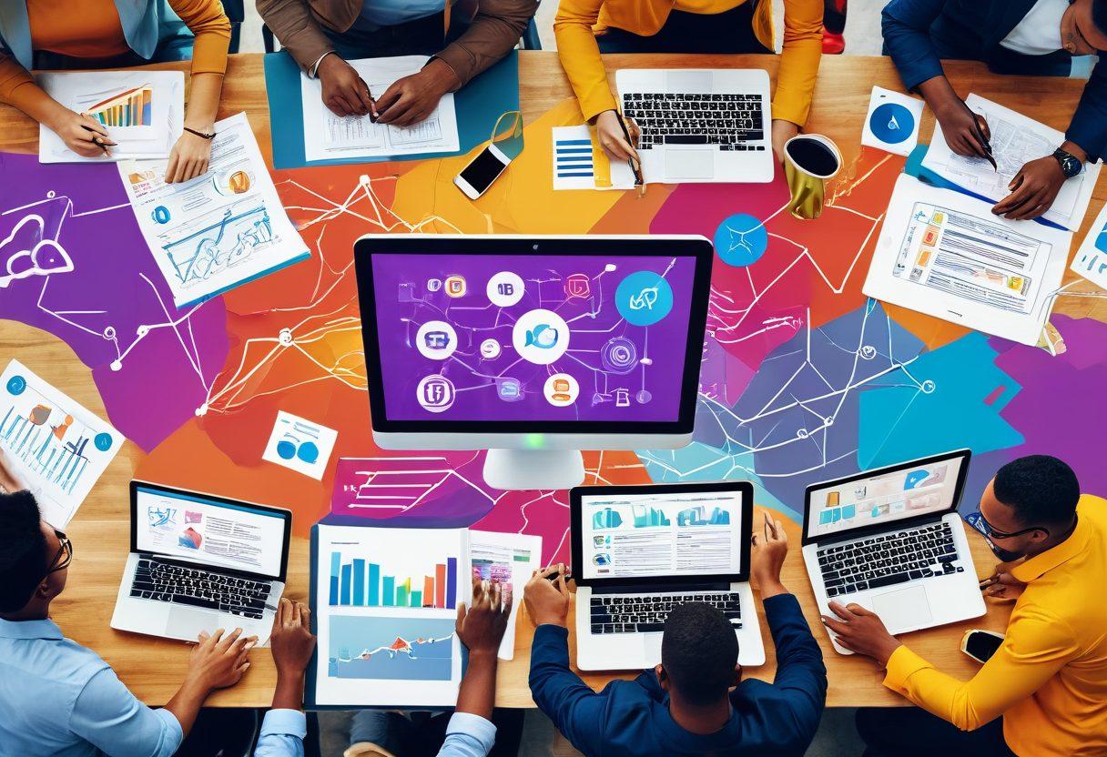 A dynamic collage showcasing a diverse group of digital marketers collaborating over laptops and tablets, brainstorming strategies, with vibrant graphs and analytics charts in the background. Incorporate imagery of content types like blogs, videos, and social media posts swirling around to symbolize diverse strategies. Bright colors to evoke a sense of innovation and energy. futuristic style. vibrant colors. digital art.
